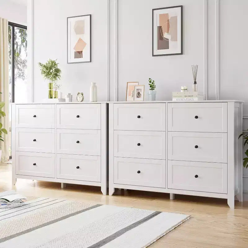 Commode à 6 tiroirs pour chambre à coucher, grande commode de 54 pouces de large avec tiroirs profonds et poignées en métal, commodes modernes en bois pour entrée, couloir