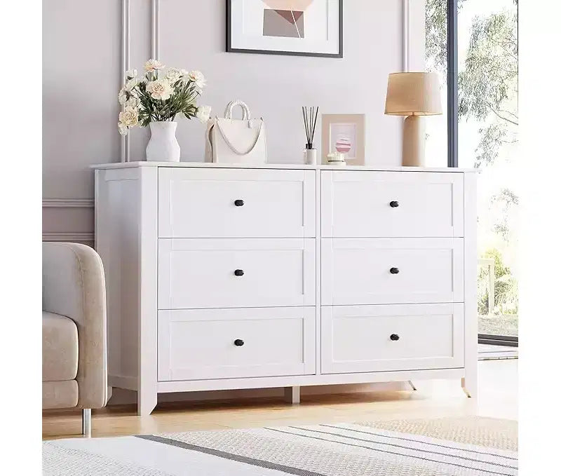 Commode à 6 tiroirs pour chambre à coucher, grande commode de 54 pouces de large avec tiroirs profonds et poignées en métal, commodes modernes en bois pour entrée, couloir