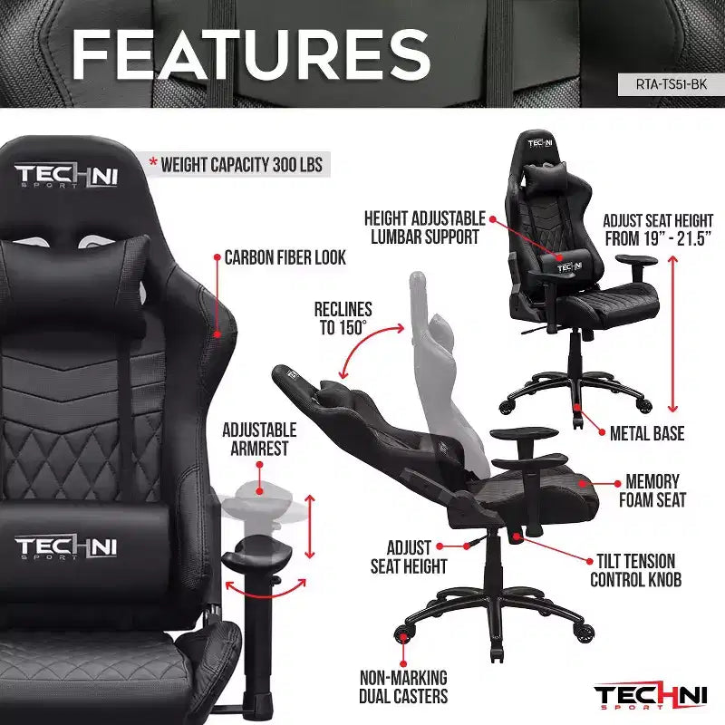 Chaise de jeu ergonomique réglable, chaises de bureau pivotantes à 360° avec oreiller appuie-tête et lombaire, chaise inclinable à 90-150° pour bureau et maison, 136 kg max, noir