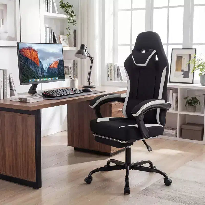 Chaise gaming avec appuie-tête, support lombaire, accoudoirs liés, dossier inclinable