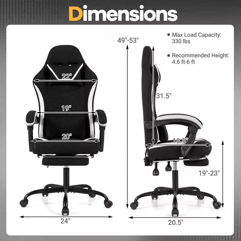 Chaise gaming avec appuie-tête, support lombaire, accoudoirs liés, dossier inclinable