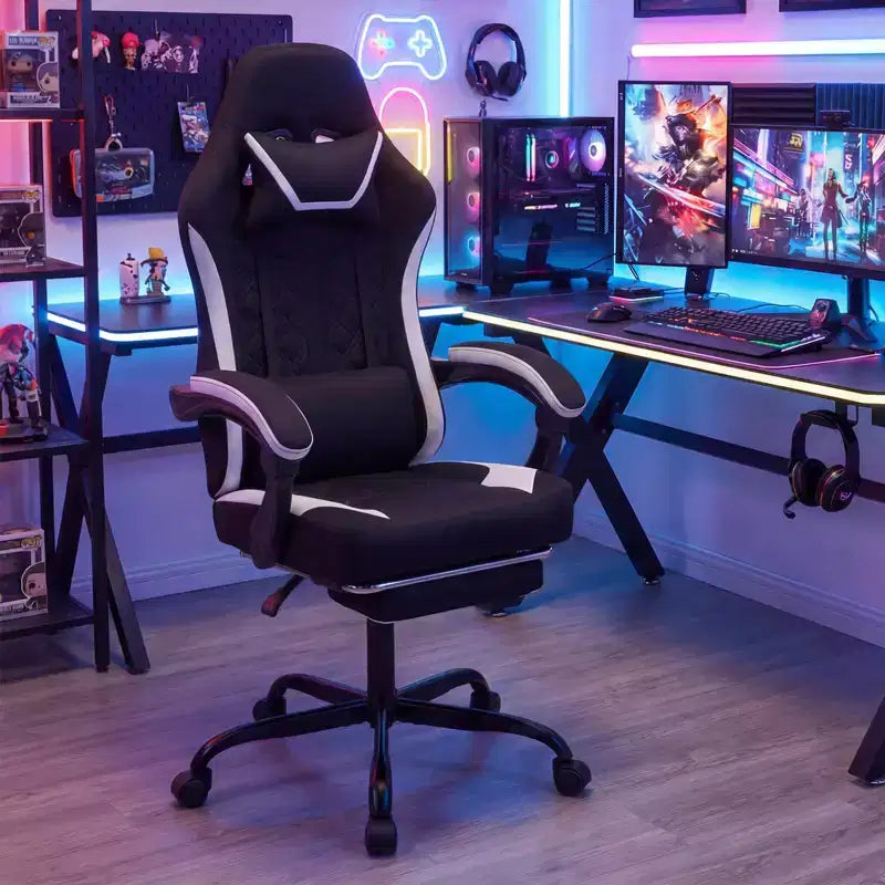 Chaise gaming avec appuie-tête, support lombaire, accoudoirs liés, dossier inclinable