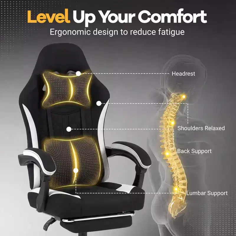 Chaise gaming avec appuie-tête, support lombaire, accoudoirs liés, dossier inclinable