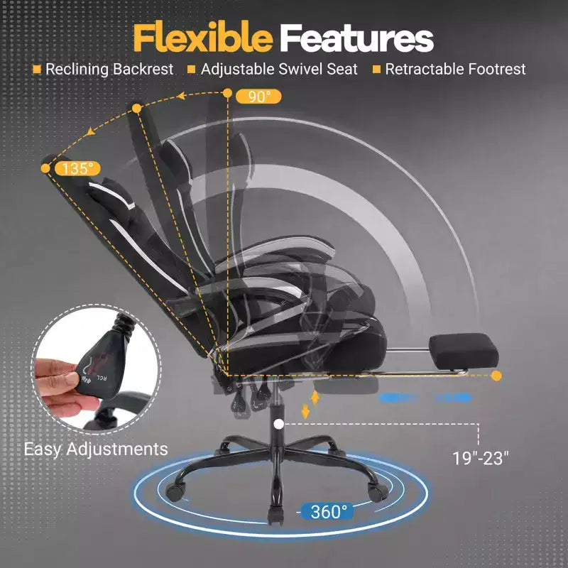 Chaise gaming avec appuie-tête, support lombaire, accoudoirs liés, dossier inclinable