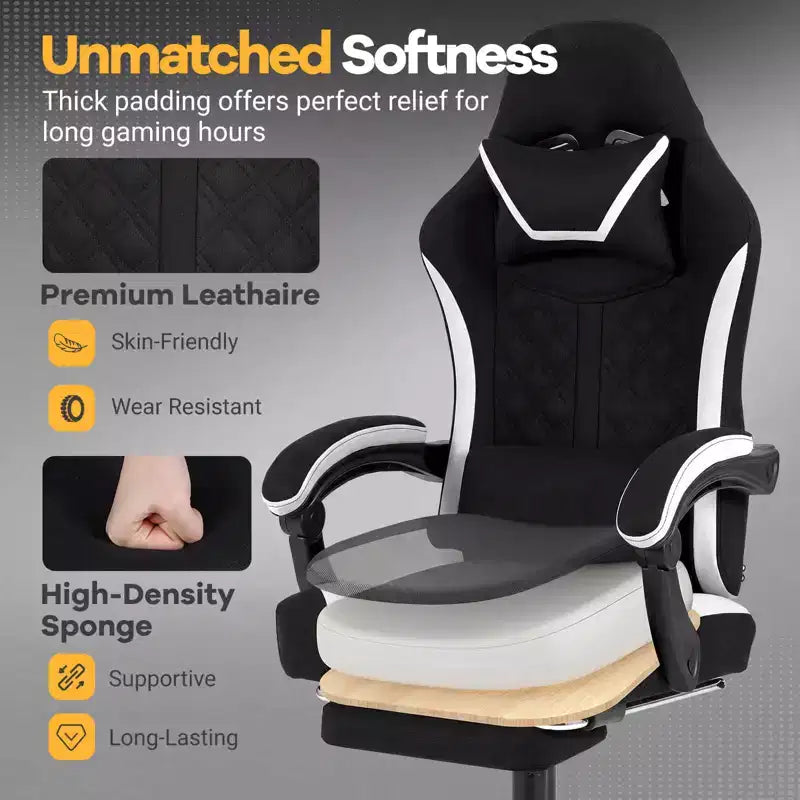 Chaise gaming avec appuie-tête, support lombaire, accoudoirs liés, dossier inclinable