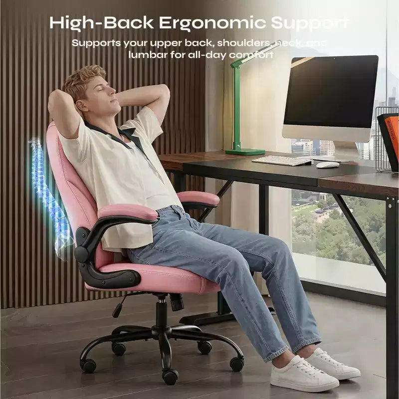 Chaise de bureau ergonomique avec coussin double couche, chaise de jeu avec roulettes et accoudoirs relevables, cuir PU