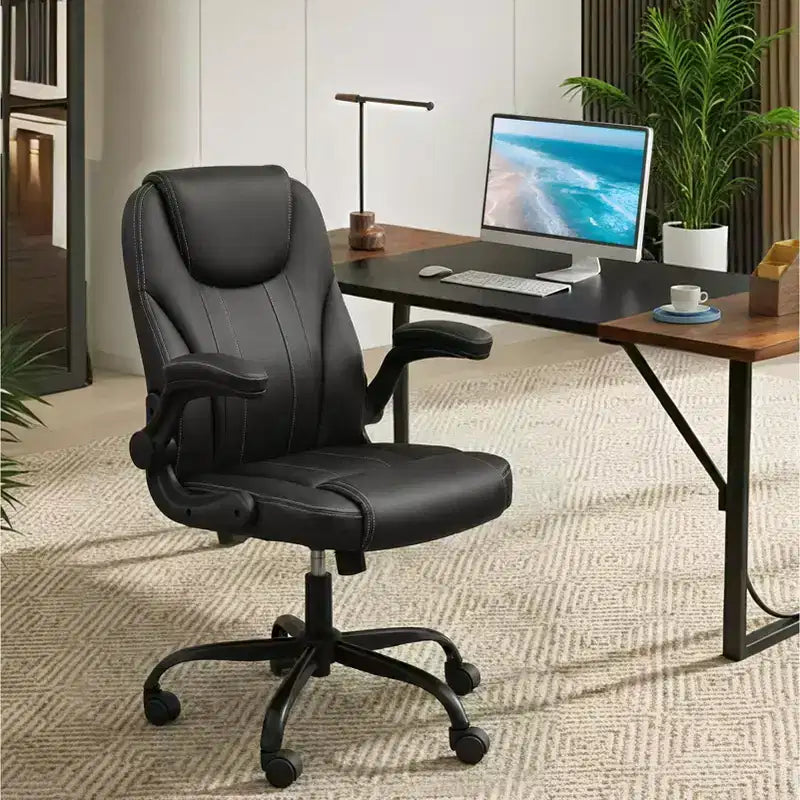 Pinmoco Ergonomic Executive Computer Desk Chair with Double-Layer Cushion, Gaming Chair with Wheels and Flip-Up Armrest, PU Leather