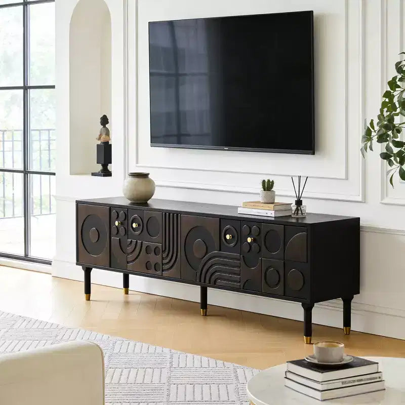 Meuble TV de style médiéval avec portes sculptées Meuble TV moderne Meuble TV de salon pour téléviseurs de moins de 80 pouces