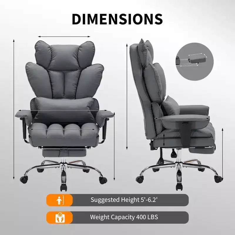 Fauteuil de bureau grande taille avec repose-pieds, Fauteuil de direction à dossier haut, Inclinaison à 155°, Coussin de soutien lombaire, Fauteuil de jeu en similicuir pour la maison