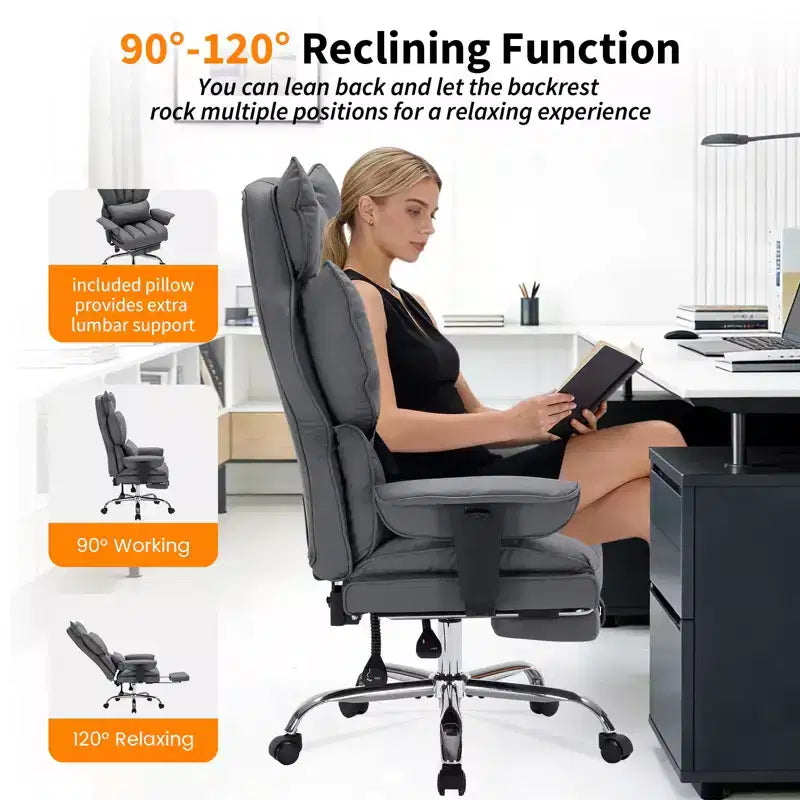 Fauteuil de bureau grande taille avec repose-pieds, Fauteuil de direction à dossier haut, Inclinaison à 155°, Coussin de soutien lombaire, Fauteuil de jeu en similicuir pour la maison