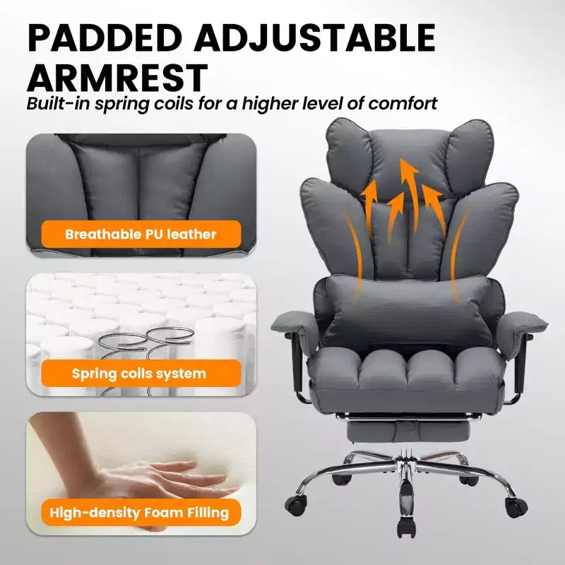 Fauteuil de bureau grande taille avec repose-pieds, Fauteuil de direction à dossier haut, Inclinaison à 155°, Coussin de soutien lombaire, Fauteuil de jeu en similicuir pour la maison