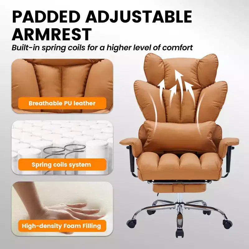 Fauteuil de bureau grande taille avec repose-pieds, Fauteuil de direction à dossier haut, Inclinaison à 155°, Coussin de soutien lombaire, Fauteuil de jeu en similicuir pour la maison