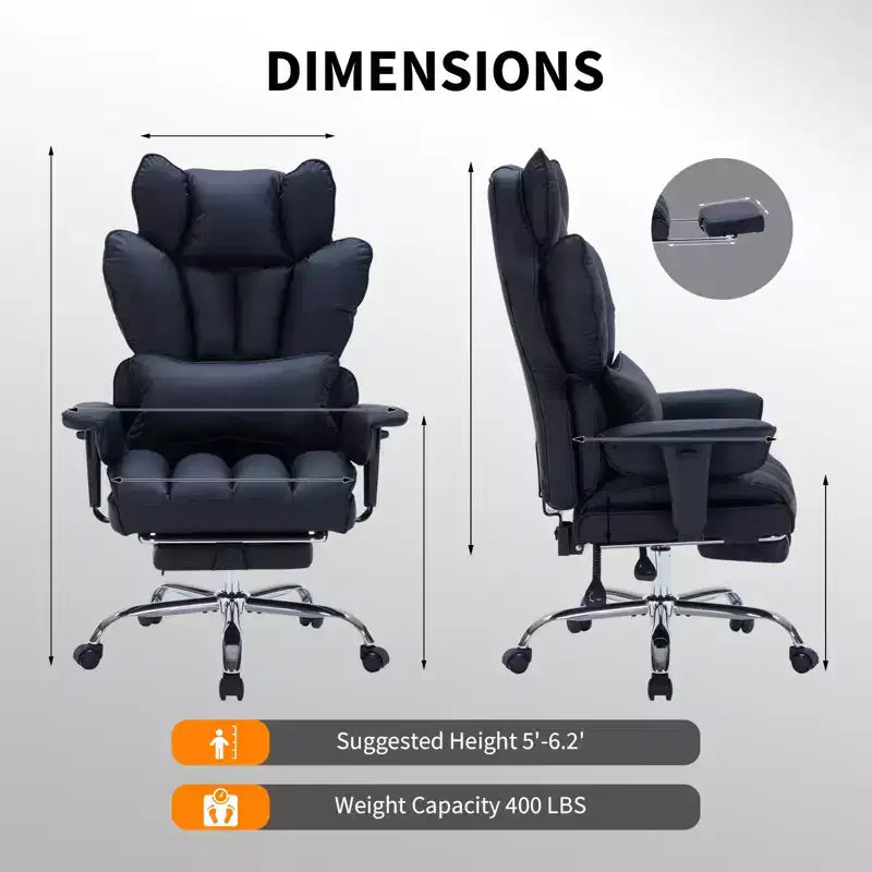 Fauteuil de bureau grande taille avec repose-pieds, Fauteuil de direction à dossier haut, Inclinaison à 155°, Coussin de soutien lombaire, Fauteuil de jeu en similicuir pour la maison