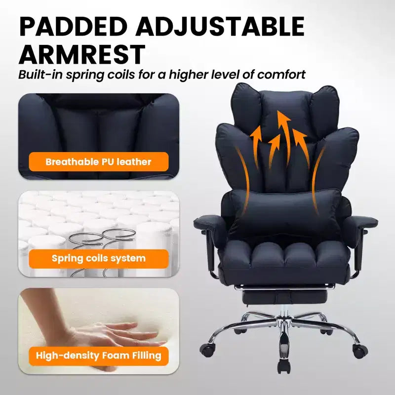 Fauteuil de bureau grande taille avec repose-pieds, Fauteuil de direction à dossier haut, Inclinaison à 155°, Coussin de soutien lombaire, Fauteuil de jeu en similicuir pour la maison