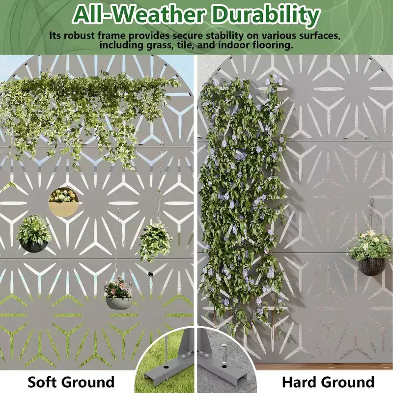 Paravent de confidentialité autoportant en métal cintré de 72H x 47L po, couleur gris clair/brun, pour jardin, patio, terrasse, cour