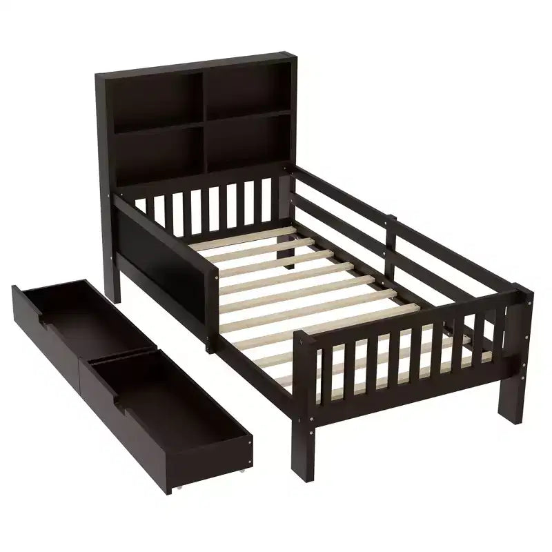 Lit plateforme double/grand avec tiroirs de rangement et étagères, lit de rangement en bois avec tableau noir pour enfants et adolescents