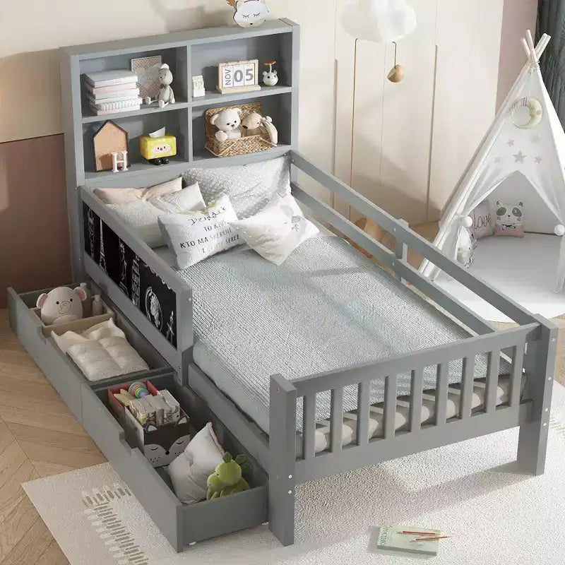 Lit plateforme double/grand avec tiroirs de rangement et étagères, lit de rangement en bois avec tableau noir pour enfants et adolescents