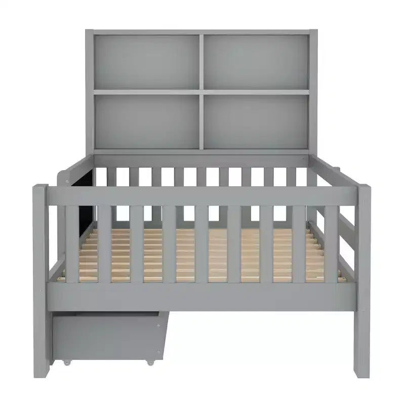 Lit plateforme double/grand avec tiroirs de rangement et étagères, lit de rangement en bois avec tableau noir pour enfants et adolescents