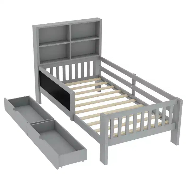 Lit plateforme double/grand avec tiroirs de rangement et étagères, lit de rangement en bois avec tableau noir pour enfants et adolescents