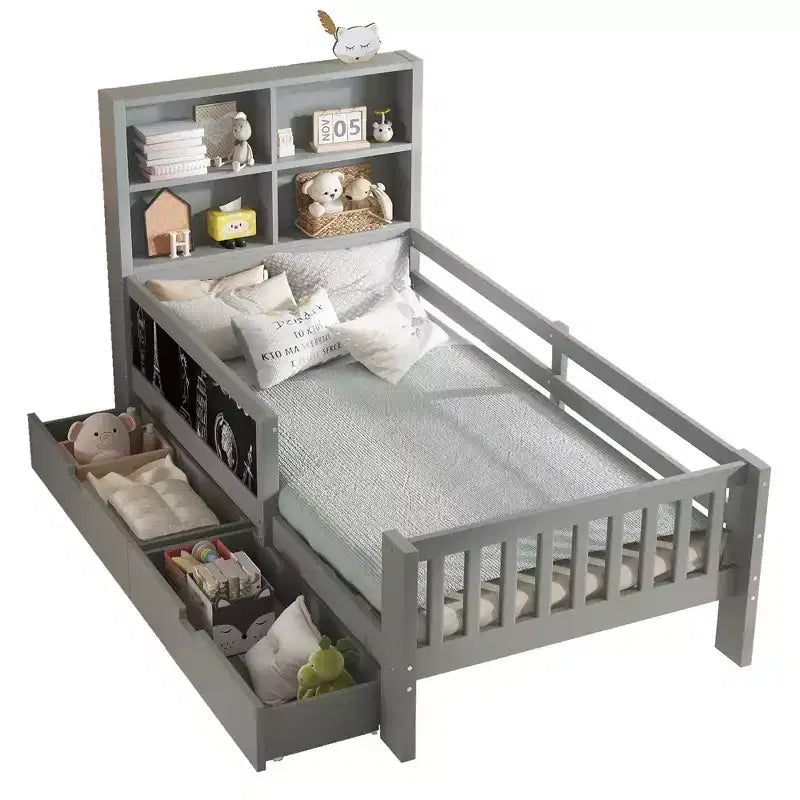 Lit plateforme double/grand avec tiroirs de rangement et étagères, lit de rangement en bois avec tableau noir pour enfants et adolescents