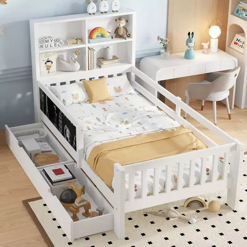 Lit plateforme double/grand avec tiroirs de rangement et étagères, lit de rangement en bois avec tableau noir pour enfants et adolescents