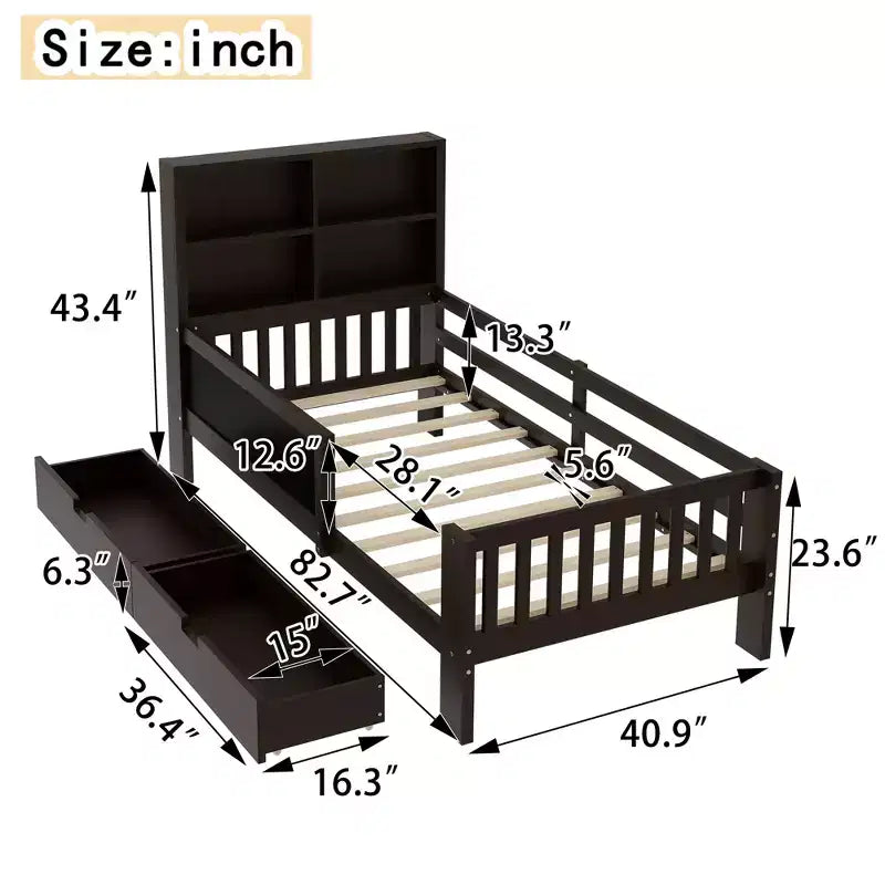Lit plateforme double/grand avec tiroirs de rangement et étagères, lit de rangement en bois avec tableau noir pour enfants et adolescents