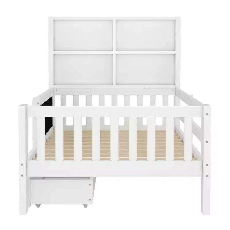 Lit plateforme double/grand avec tiroirs de rangement et étagères, lit de rangement en bois avec tableau noir pour enfants et adolescents
