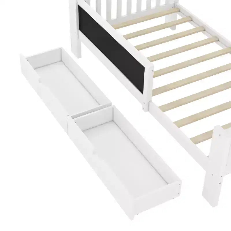 Lit plateforme double/grand avec tiroirs de rangement et étagères, lit de rangement en bois avec tableau noir pour enfants et adolescents