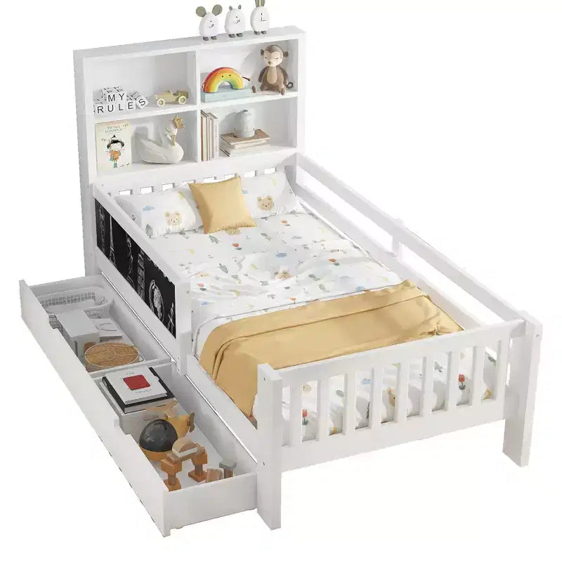 Lit plateforme double/grand avec tiroirs de rangement et étagères, lit de rangement en bois avec tableau noir pour enfants et adolescents