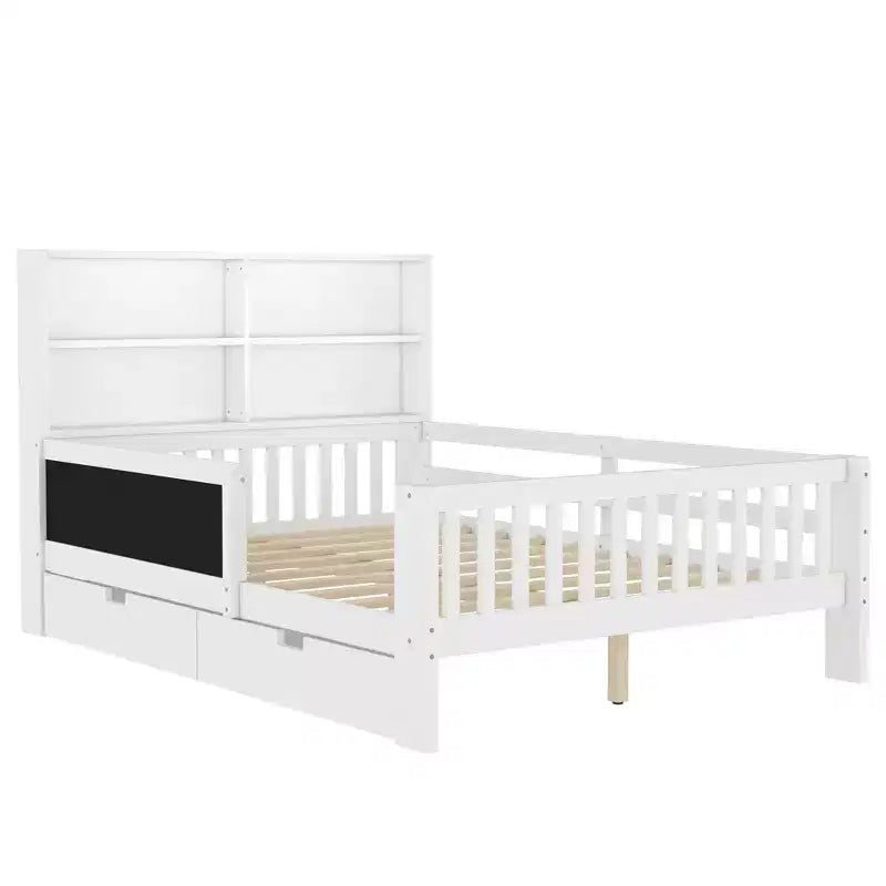 Lit plateforme double/grand avec tiroirs de rangement et étagères, lit de rangement en bois avec tableau noir pour enfants et adolescents