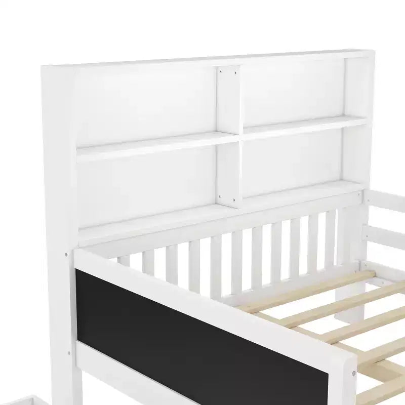 Lit plateforme double/grand avec tiroirs de rangement et étagères, lit de rangement en bois avec tableau noir pour enfants et adolescents