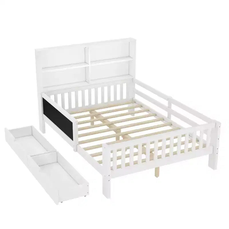 Lit plateforme double/grand avec tiroirs de rangement et étagères, lit de rangement en bois avec tableau noir pour enfants et adolescents