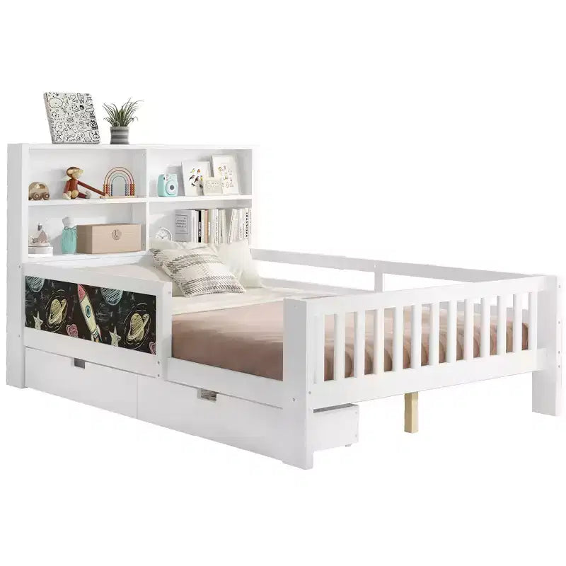 Lit plateforme double/grand avec tiroirs de rangement et étagères, lit de rangement en bois avec tableau noir pour enfants et adolescents