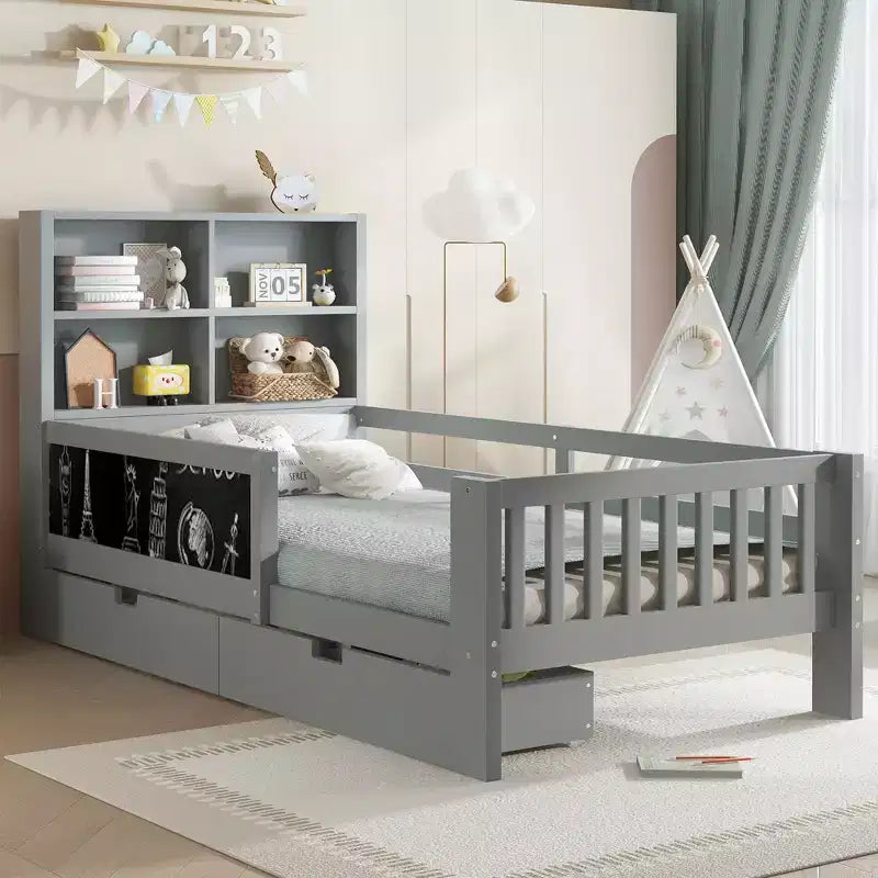 Lit plateforme double/grand avec tiroirs de rangement et étagères, lit de rangement en bois avec tableau noir pour enfants et adolescents