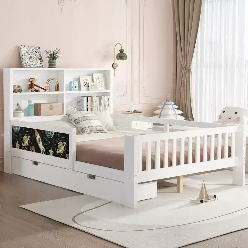 Lit plateforme double/grand avec tiroirs de rangement et étagères, lit de rangement en bois avec tableau noir pour enfants et adolescents