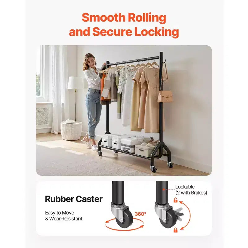 Portant à vêtements, Portant à vêtements roulant avec tringle et crochets latéraux, Capacité de charge de 90 kg, Noir