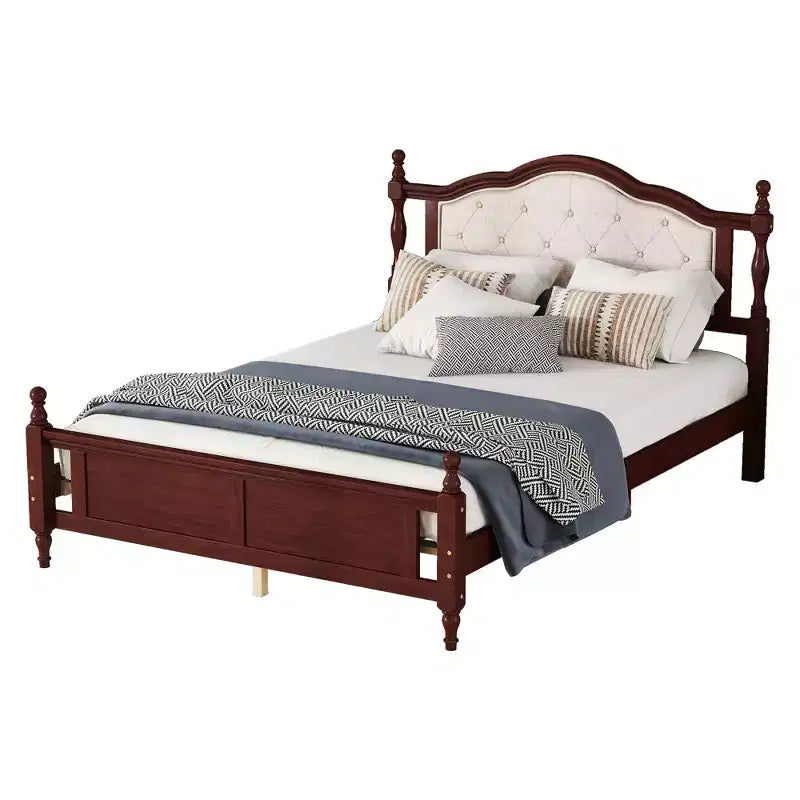 Sailvan Queen Pine Wood Platform Bed with Upholstered Headboard and Panel Footboard