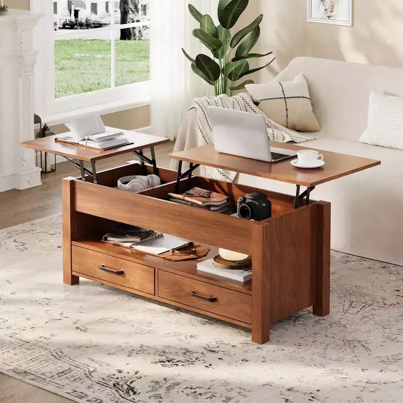 Table basse relevable avec 2 tiroirs et rangement caché, table en bois convertible pour salon et bureau à domicile