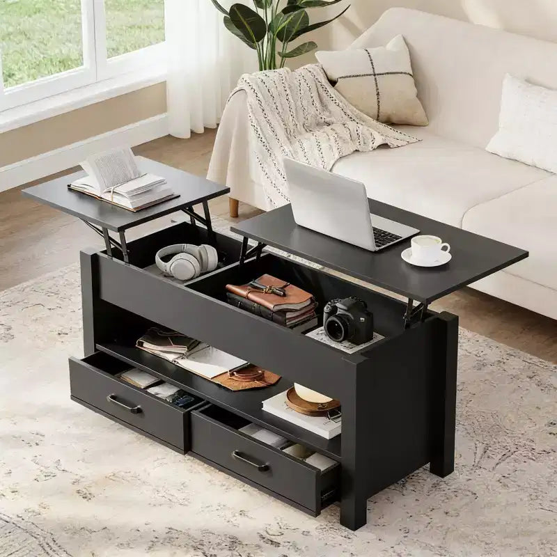 Table basse relevable avec 2 tiroirs et rangement caché, table en bois convertible pour salon et bureau à domicile