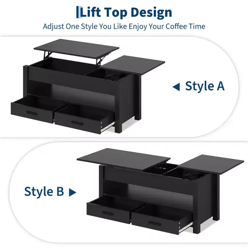 Table basse relevable avec 2 tiroirs et rangement caché, table en bois convertible pour salon et bureau à domicile