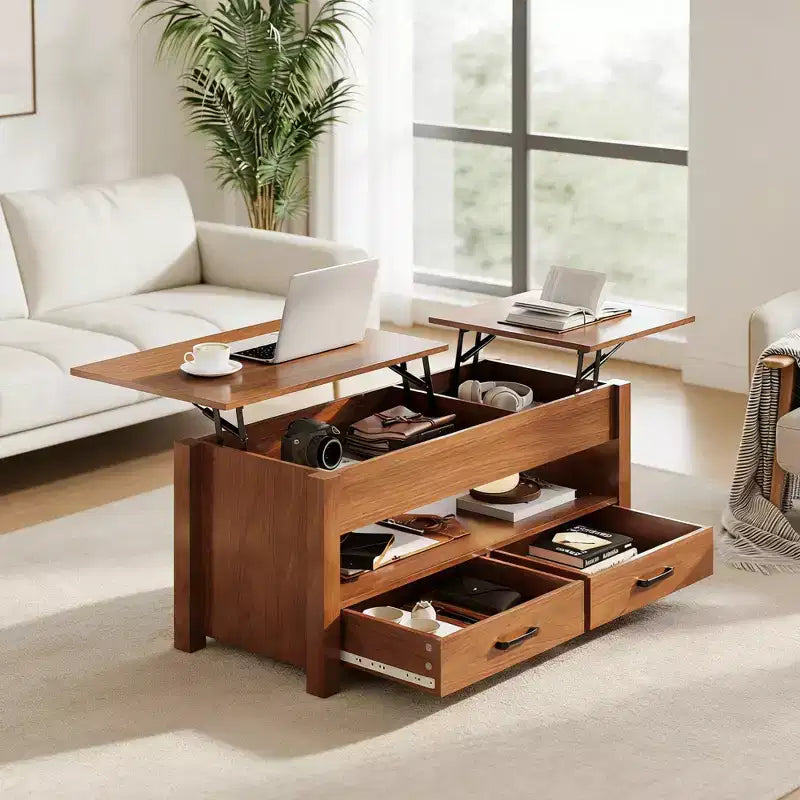 Table basse relevable avec 2 tiroirs et rangement caché, table en bois convertible pour salon et bureau à domicile