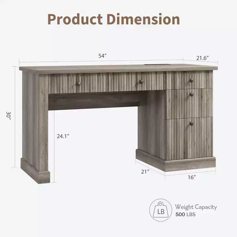 Bureau de télétravail cannelé de 137 cm avec tiroirs et chargement USB intégré, bureau d'écriture moderne pour salle d'étude