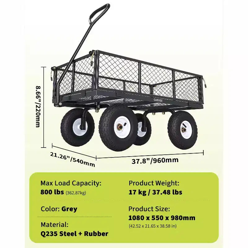 Chariot utilitaire d'extérieur robuste, capacité de 360 kg, pneus pneumatiques tout-terrain de 10 pouces