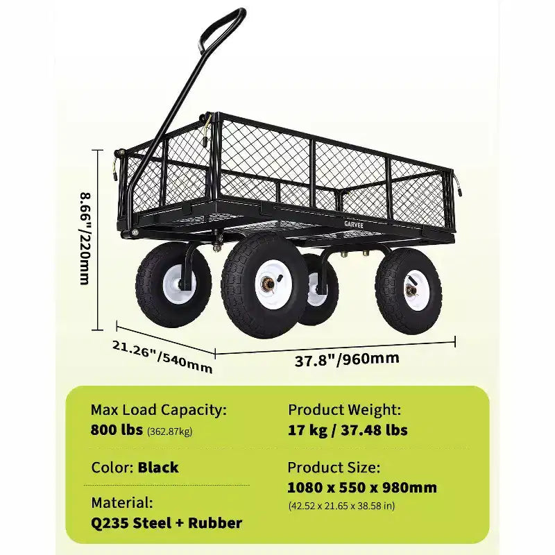Chariot utilitaire d'extérieur robuste, capacité de 360 kg, pneus pneumatiques tout-terrain de 10 pouces