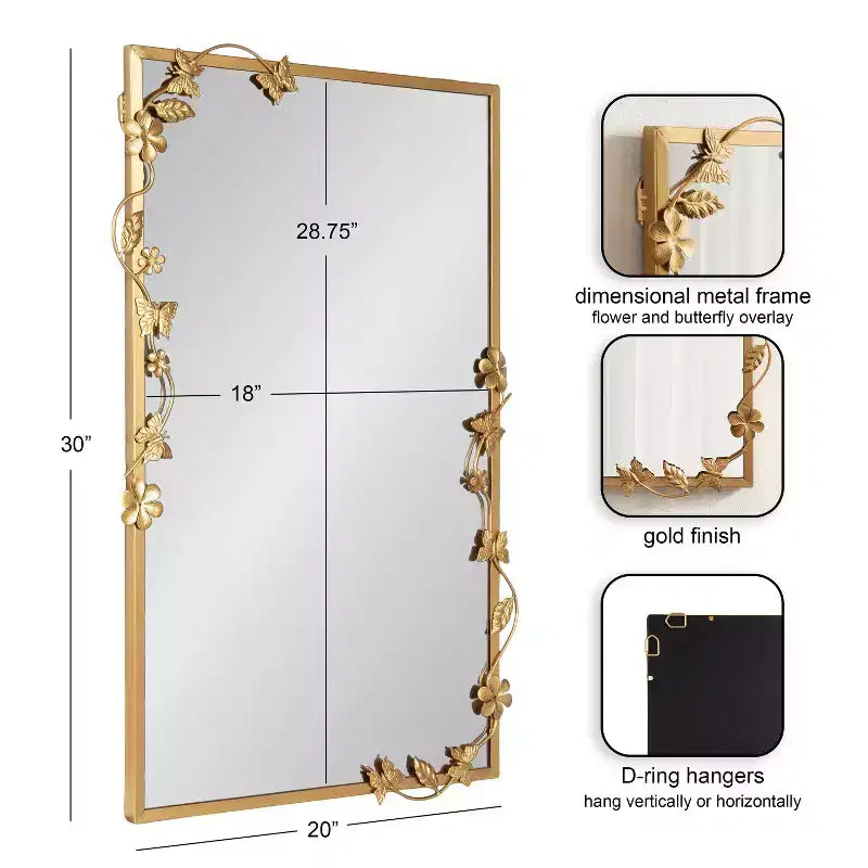 Miroir rectangulaire métallique floral, doré, 20x30