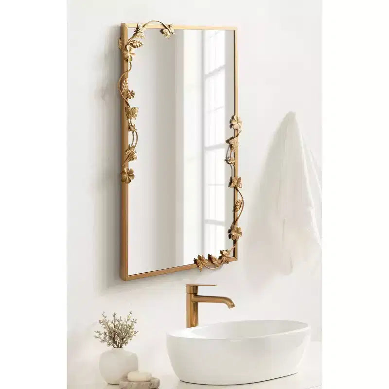 Miroir rectangulaire métallique floral, doré, 20x30