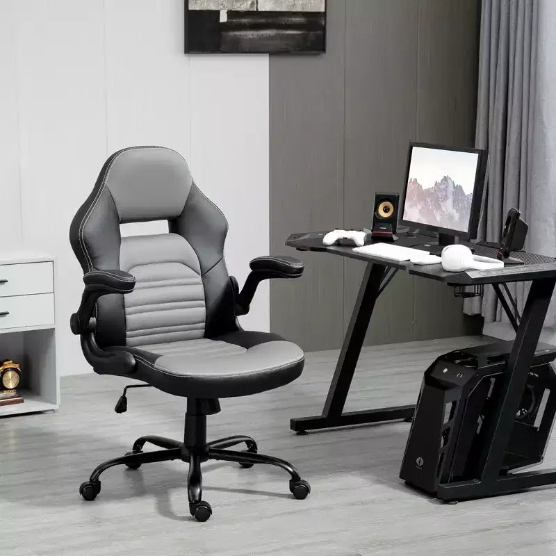 Chaise de jeu ergonomique, chaise d'ordinateur style course, chaise de bureau de direction avec similicuir PU, inclinaison, roulettes pivotantes, noir/gris