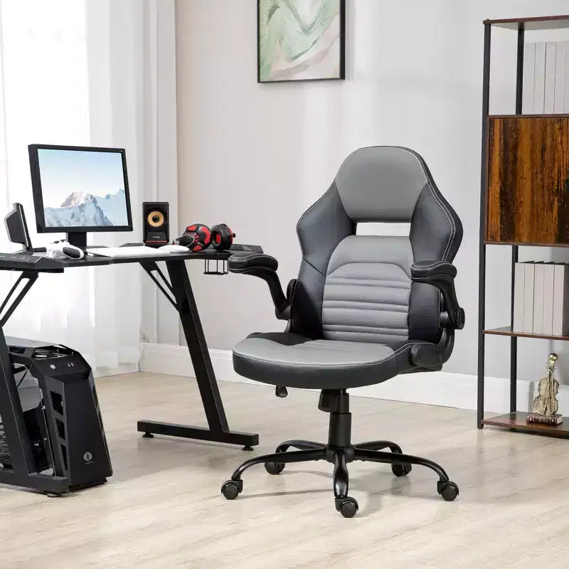 Chaise de jeu ergonomique, chaise d'ordinateur style course, chaise de bureau de direction avec similicuir PU, inclinaison, roulettes pivotantes, noir/gris