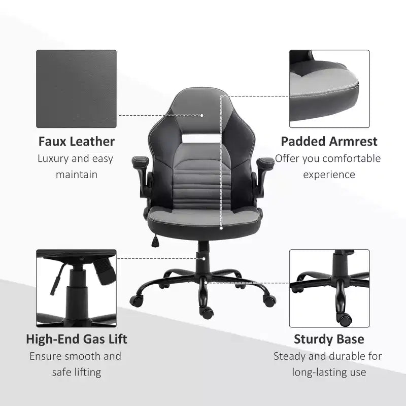 Chaise de jeu ergonomique, chaise d'ordinateur style course, chaise de bureau de direction avec similicuir PU, inclinaison, roulettes pivotantes, noir/gris