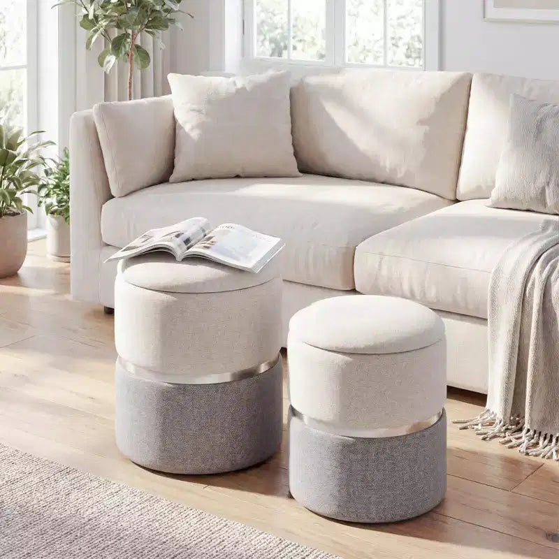Repose-pieds rond moderne en tissu de lin avec rangement pour chambre à coucher